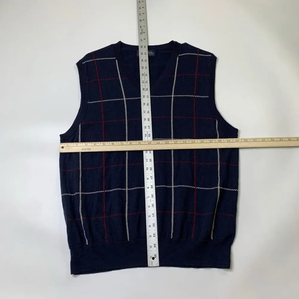 Brooks Brothers Sweater Vest Men L Large Navy Cotton Cashmere Blend V Neck Plaid
